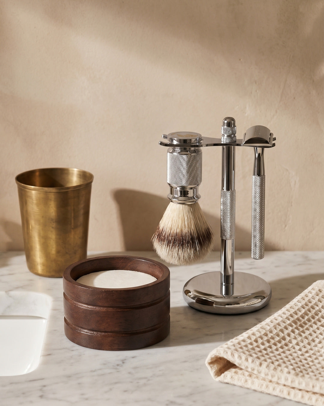 Kronos wooden bowl, soap and chrome Three Piece Set in a bathroom