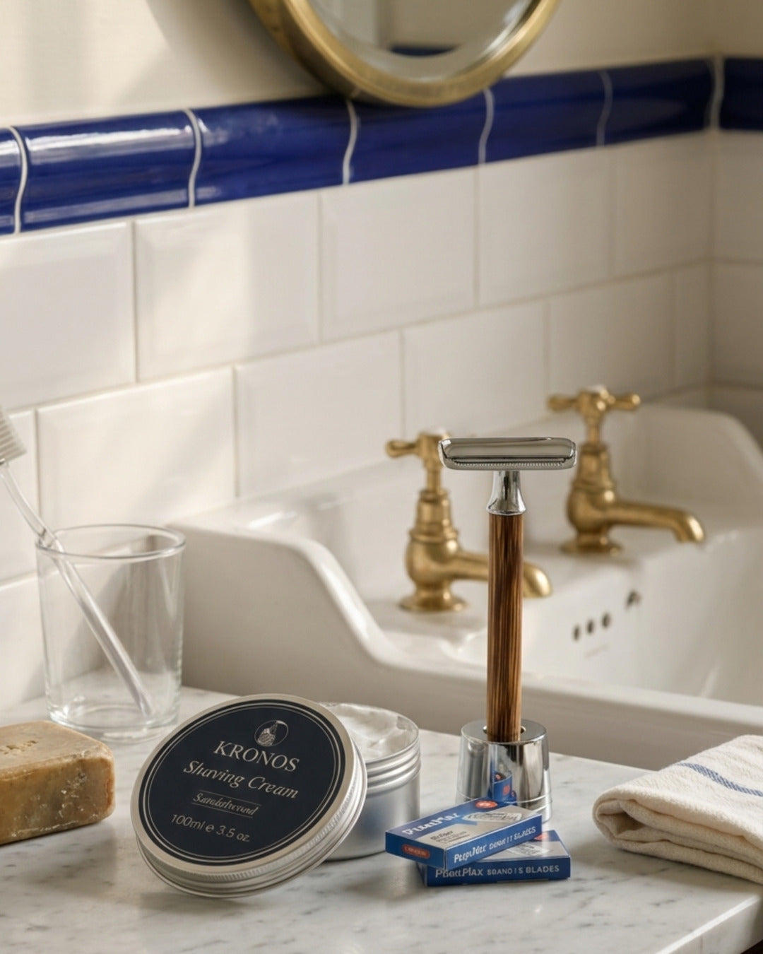 Kronos Doric Ritual Set with bamboo razor in a bathroom