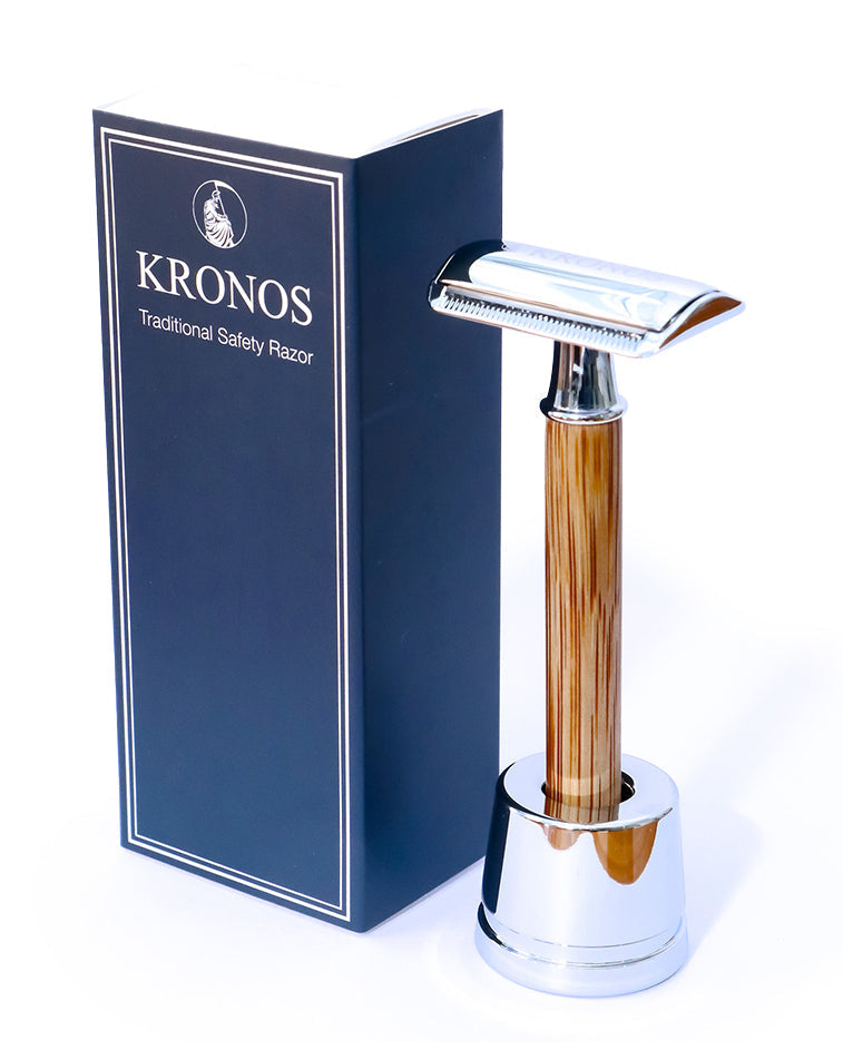 Kronos single-blade safety razor in bamboo and chrome finishes