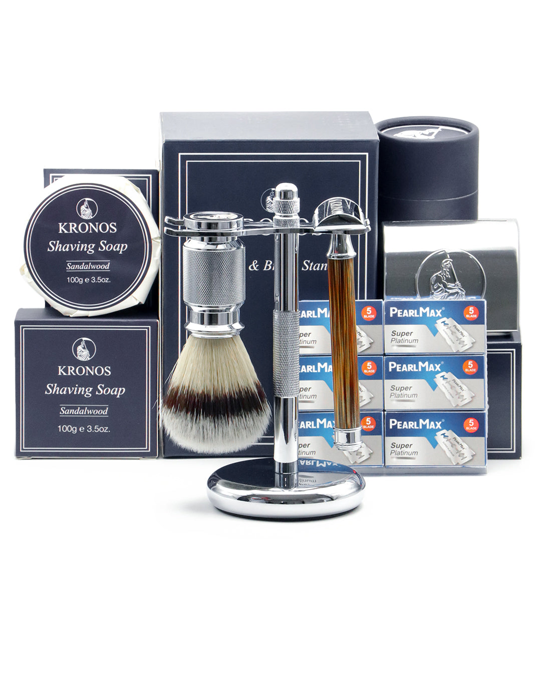 Kronos Home Barber shaving gift set in bamboo with sandalwood soap, shown with its packaging