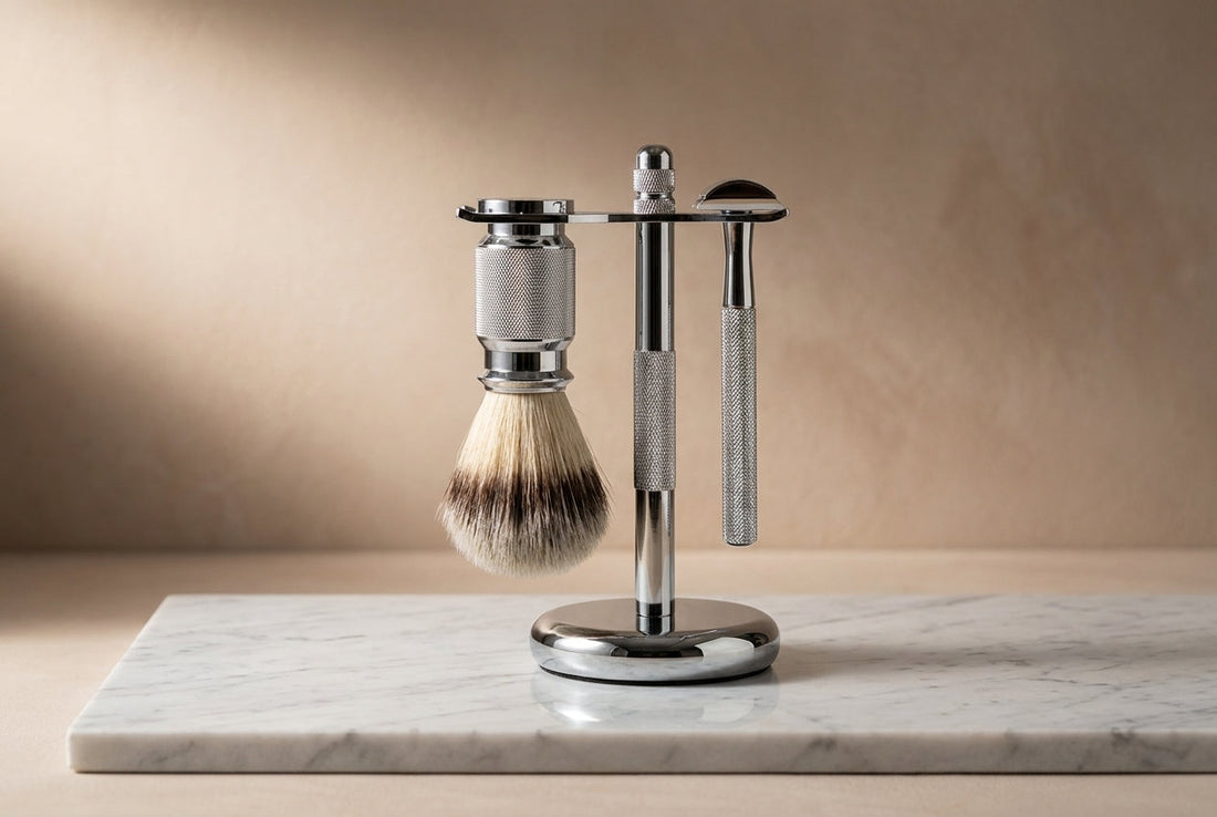A chrome Kronos safety razor and travel case, the reusable side of the hair removal market