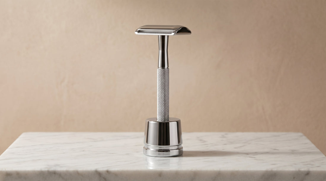 A chrome single-blade safety razor on a plain studio surface, the manual counterpart to the electric shaver in a shaving market split between blade and battery