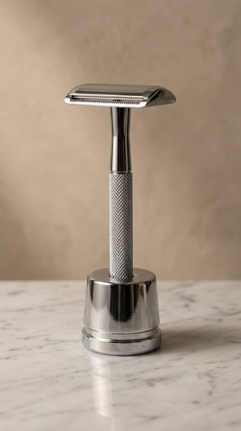 A chrome Kronos single-blade safety razor on its stand, its enclosed head covering the blade corners where most shaving nicks start