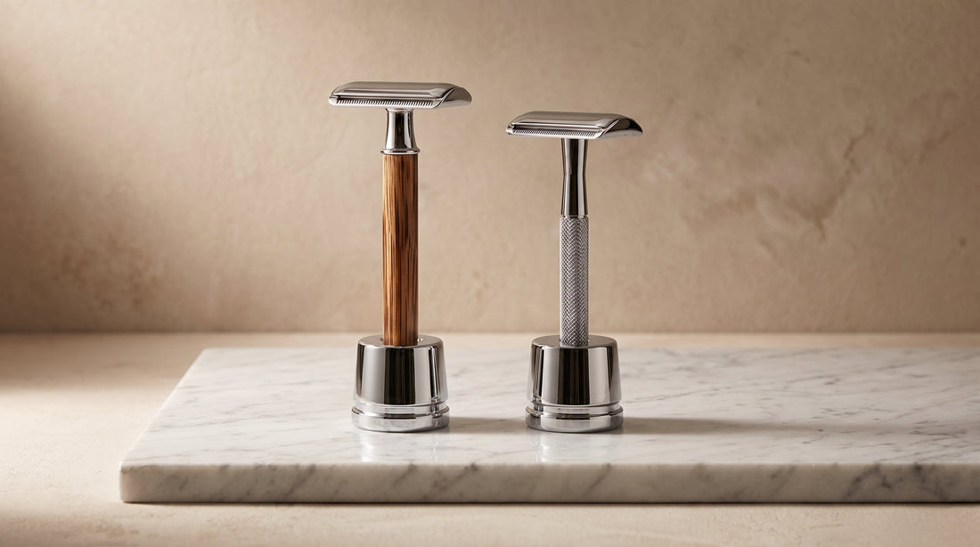 A chrome-finished solid-brass Kronos safety razor resting beside the bamboo version on a dark studio surface