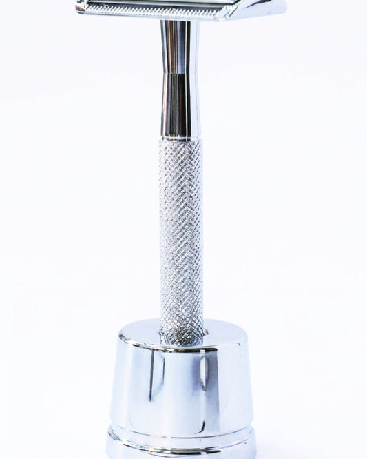 Kronos chrome safety razor upright on its stand