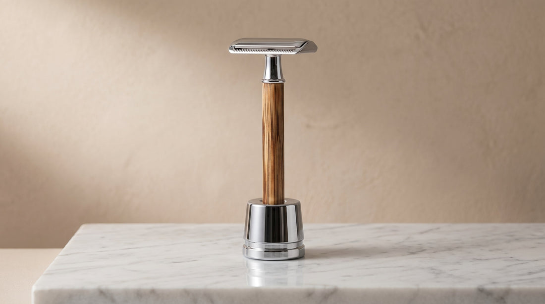 A single Kronos safety razor in bamboo with a chrome head, standing upright in a spare studio still life.