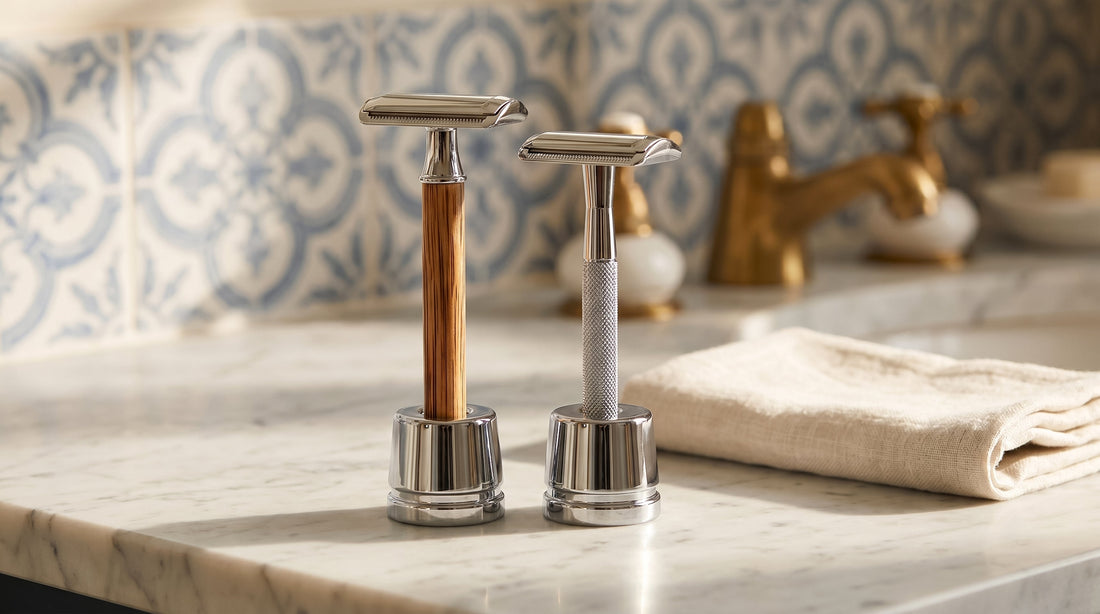 A Kronos chrome and bamboo safety razor on a bathroom shelf, close detail in soft light