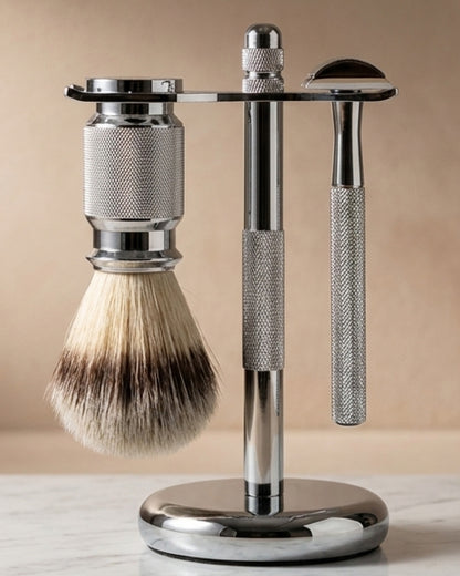 Kronos three piece shaving set in chrome on marble, studio still