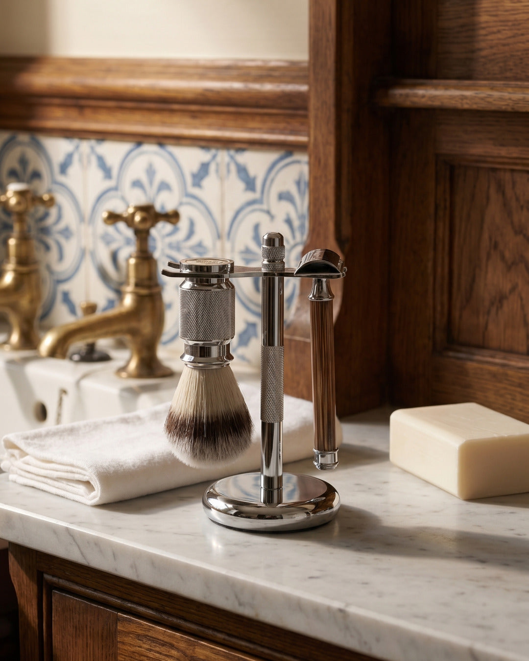 Kronos Three Piece Set with bamboo safety razor in a bathroom