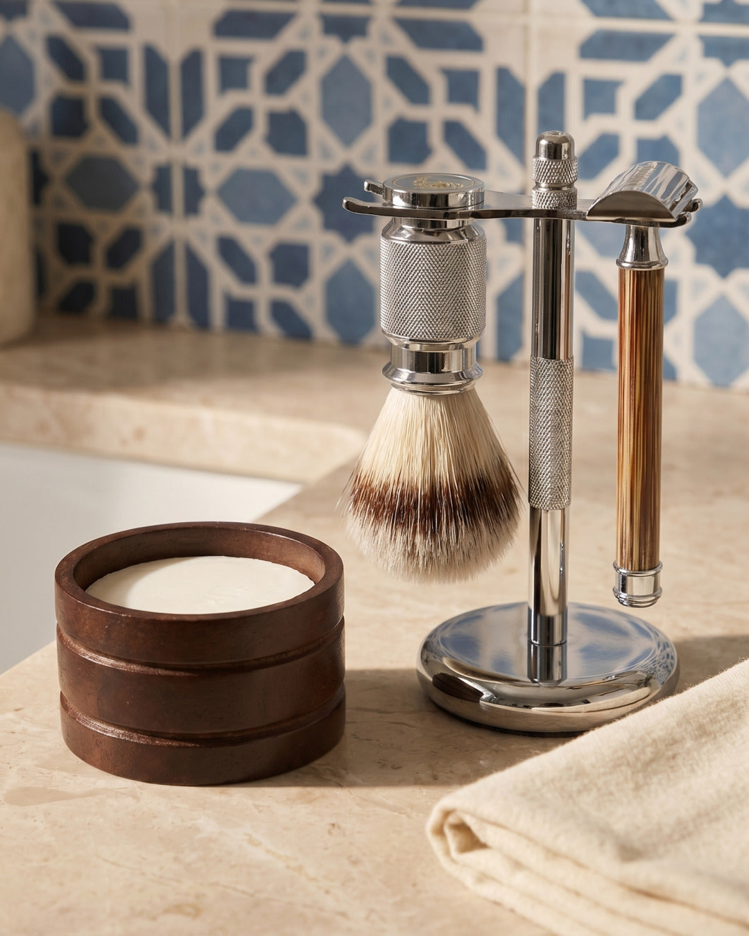 Kronos wooden bowl, soap and bamboo Three Piece Set in a bathroom