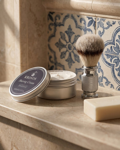 Kronos sandalwood shaving cream and shaving brush in a bathroom