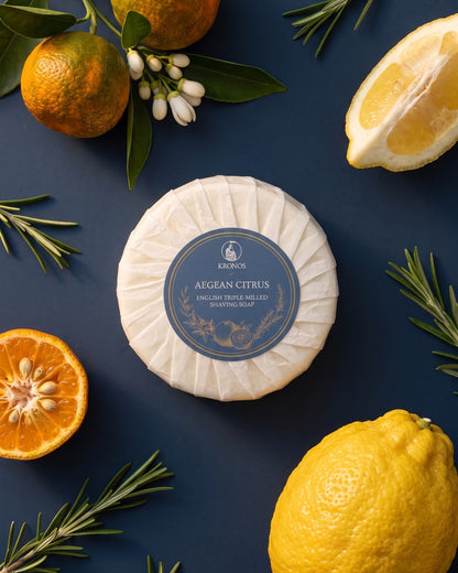 Kronos Aegean Citrus shaving soap on navy among its scent notes: halved lemons, bitter oranges with blossom, and sprigs of rosemary