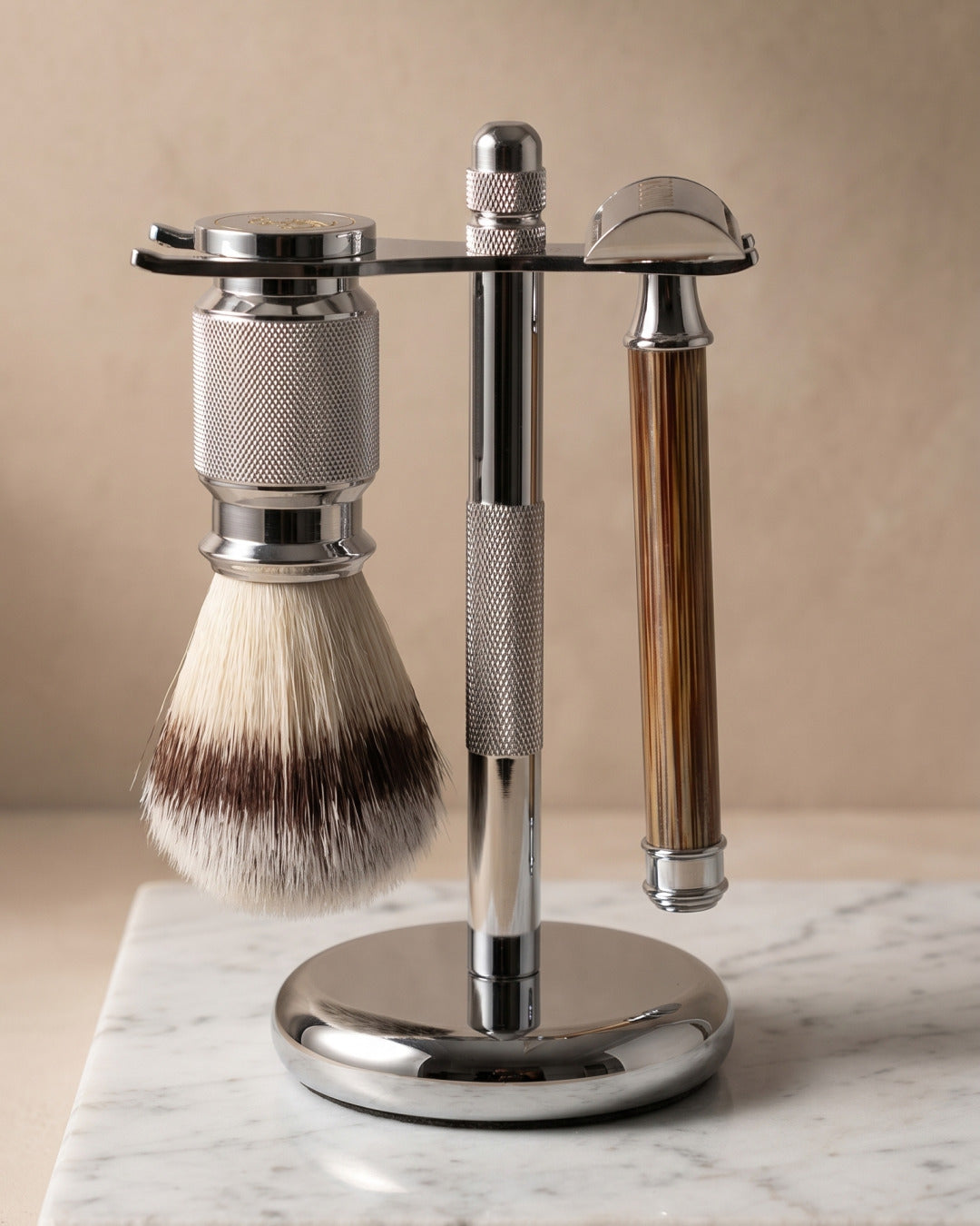 Kronos three piece shaving set in bamboo on marble, studio still