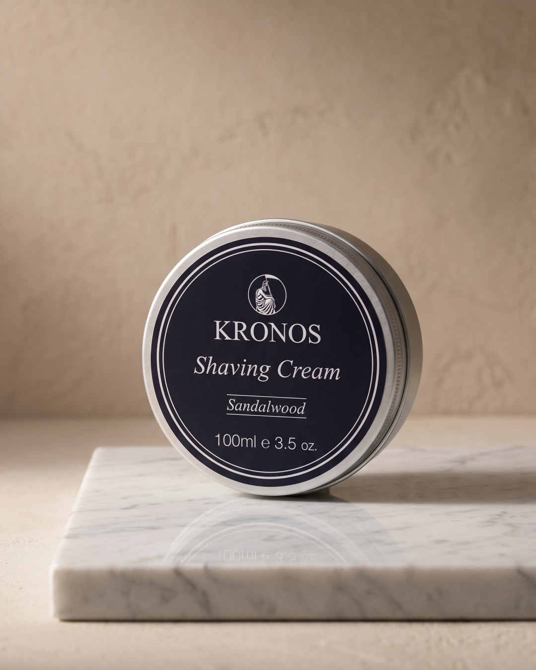 Kronos sandalwood shaving cream on marble, studio still