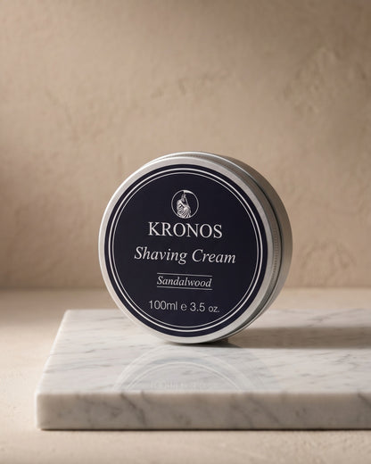 Kronos sandalwood shaving cream on marble, studio still