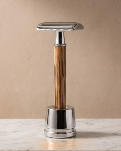 Kronos safety razor in bamboo with stand, studio still