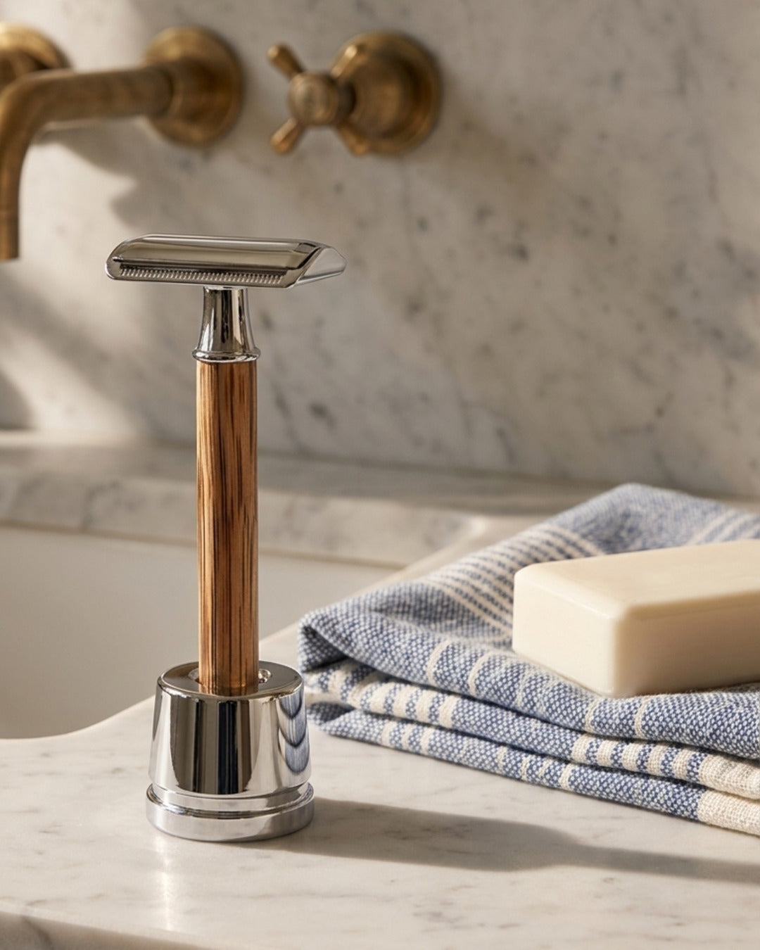 Kronos safety razor in bamboo, styled in a bathroom