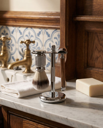 Kronos three piece shaving set in bamboo, styled in a bathroom