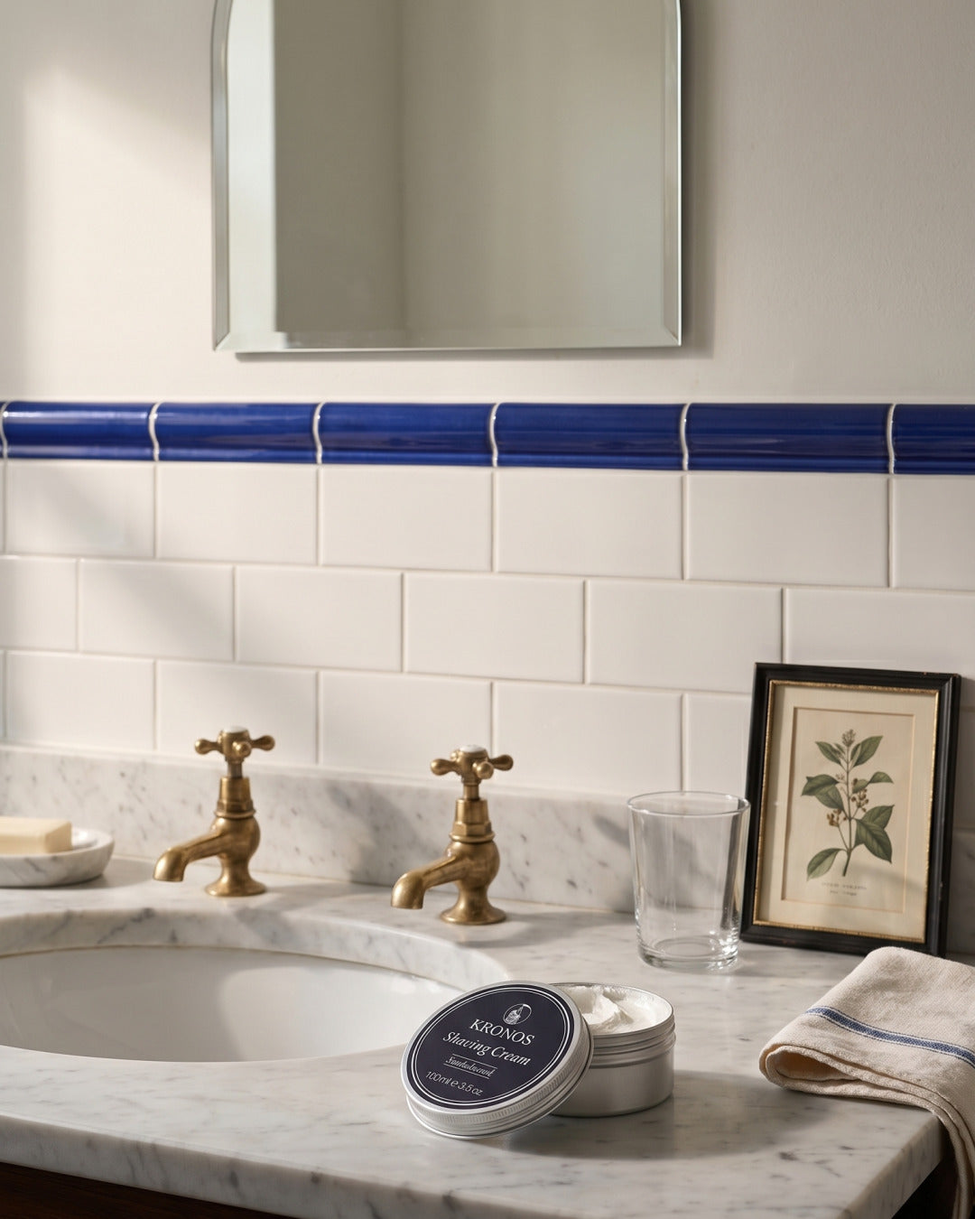 Kronos sandalwood shaving cream, styled in a bathroom