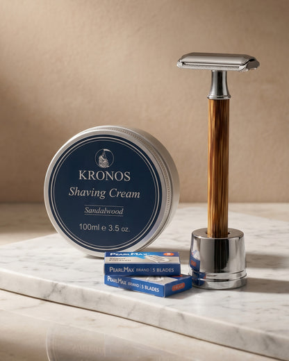 Doric Ritual Set: safety razor on its stand with sandalwood shaving cream and blades