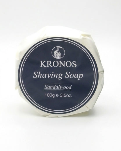 Kronos sandalwood shaving soap in its wrapper