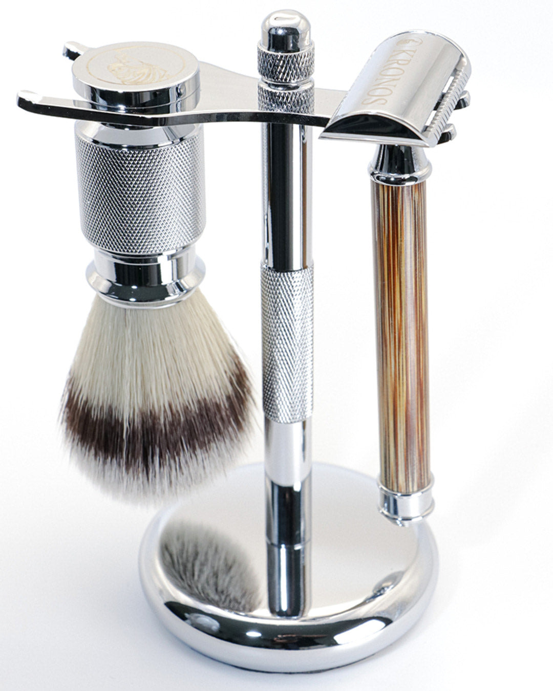Large stand holding the shaving brush and safety razor