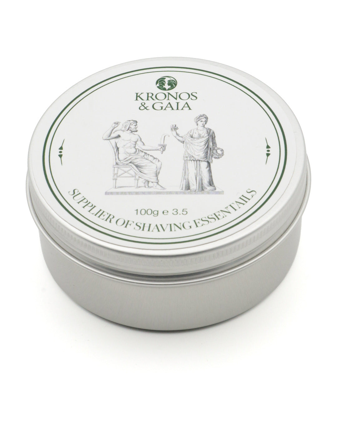 Kronos & Gaia Aloe Shaving Cream tin, lid on, angled view