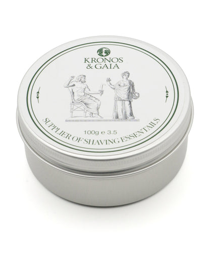 Kronos & Gaia Aloe Shaving Cream tin, lid on, angled view