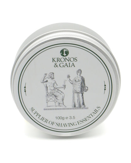 Kronos & Gaia Aloe Shaving Cream 100g tin, lid detail from above