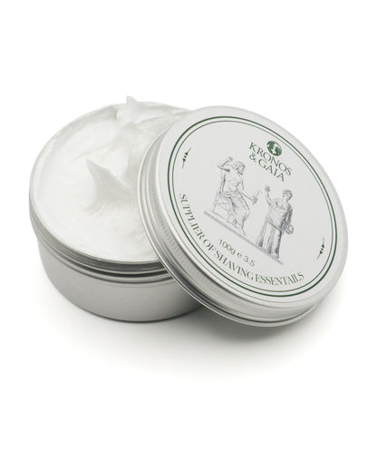 Aloe Shaving Cream tin open, showing the whipped cream inside