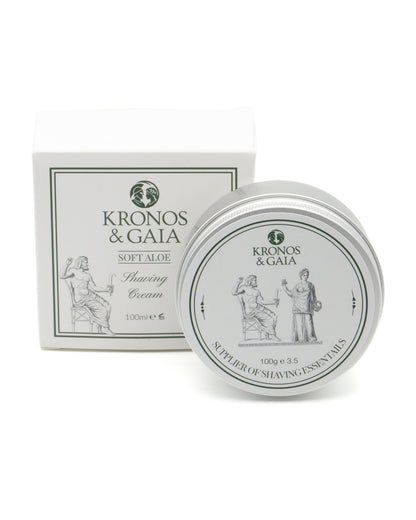Aloe Shaving Cream tin beside its Soft Aloe carton