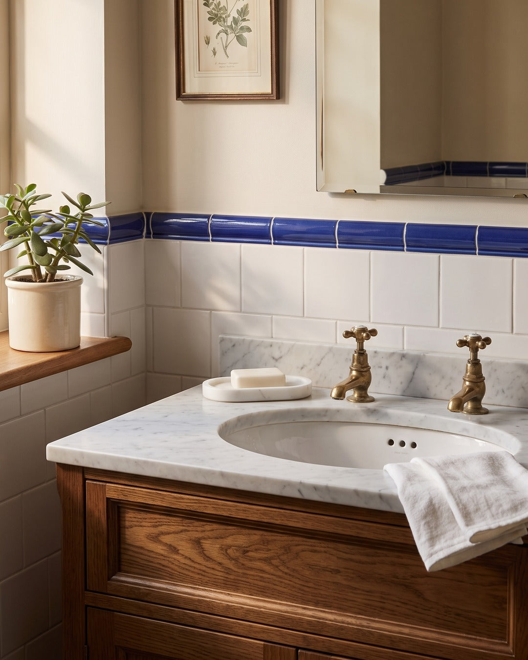 Kronos marble storage tray on a marble washstand in a traditional British bathroom