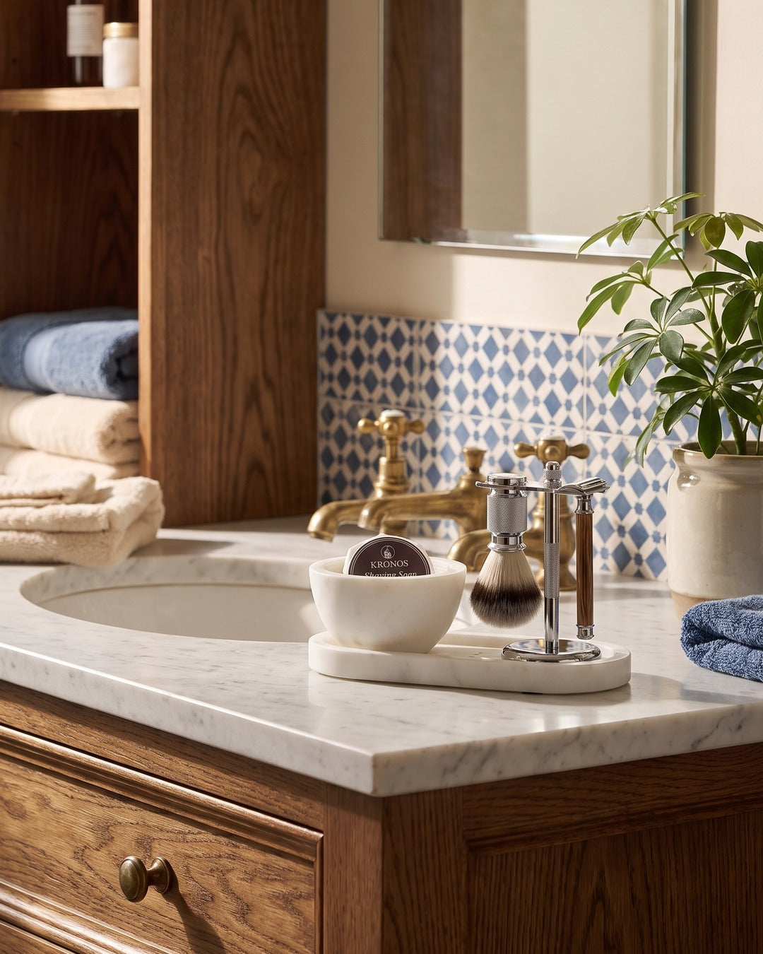The Kronos Marble Suite Set in bamboo: marble bowl and tray, shaving soap, brush and razor on its stand