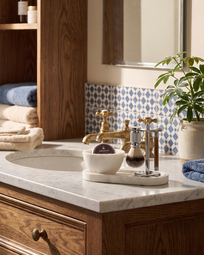 The Kronos Marble Suite Set in bamboo: marble bowl and tray, shaving soap, brush and razor on its stand
