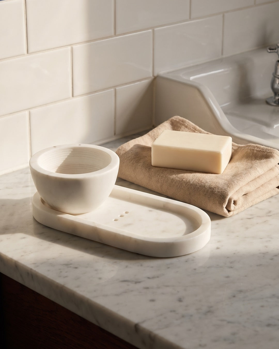 Kronos marble storage tray with the marble shaving bowl and a bar of shaving soap