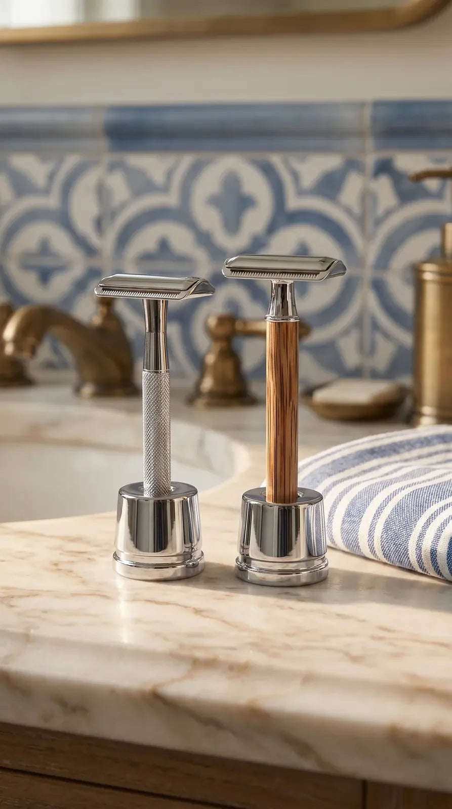 The chrome and the bamboo safety razors on their stands, on a marble basin top in morning light