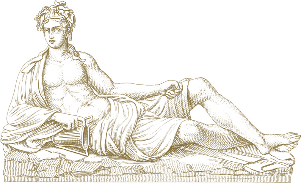 Engraving of Dionysos reclining on a rock, in gold line