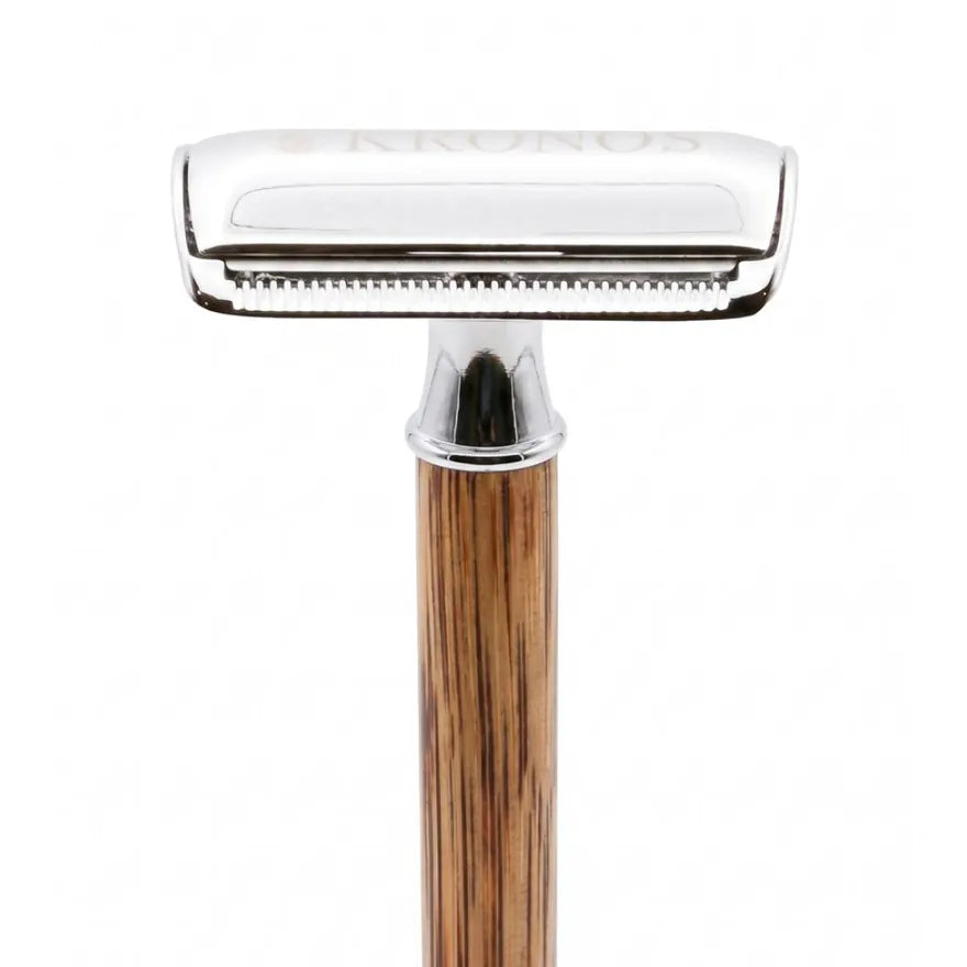 The head of the Kronos safety razor on a bamboo handle, close up